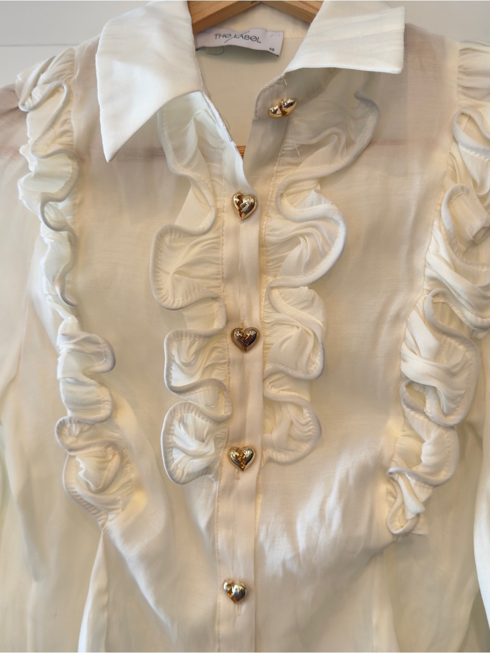 The Label Edition Ezra Ruffle Shirt Off-White Cream Heart Buttons XS Excellent - Picture 2 of 13